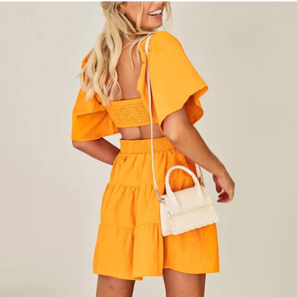 Tangerine Square Neck Cutout Waist Flutter Sleeve Cotton Dress - NWT - Picture 3 of 13